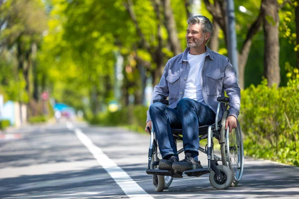 Handicapped Man Wheelchair Wearing Casual Clothing Riding Street Road Outdoor — Stock Photo, Image