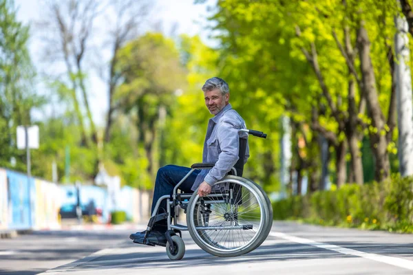 Handicapped Man Wheelchair Wearing Casual Clothing Riding Street Road Outdoor — Stock Photo, Image