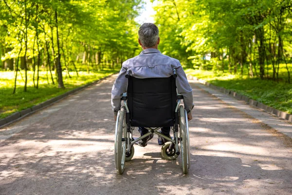 Tekerlekli Sandalyedeki Kazadan Sonra Arka Planda Kalan Adam Yazın Parkta — Stok fotoğraf