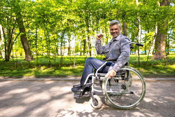 Yakışıklı Gri Saçlı Tekerlekli Sandalyede Sakat Bir Adam Parkta Boş — Stok fotoğraf