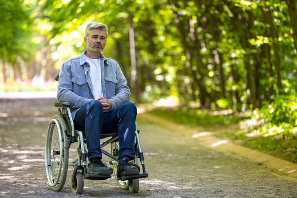 Tekerlekli Sandalyede Günlük Giysiler Giyen Çekici Gri Saçlı Adam Parkta — Stok fotoğraf