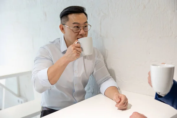 Two Businessman Take Break Drinking Coffee Discussing Business Strategy Office — Stock Photo, Image