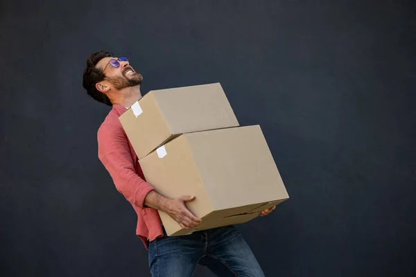 Man Boxes Contented Young Heavy Carton Boxes Hands — Stock Photo, Image