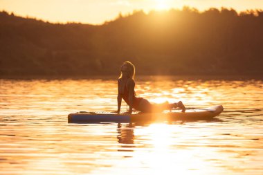 Gün batımında sörf tahtasında yoga yapan güzel bir kadın..