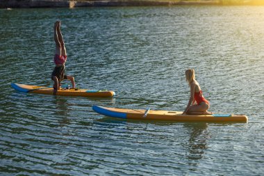Kadın sofra yogası, sportif çift sörf tahtasında yoga pilatesini yapıyor..