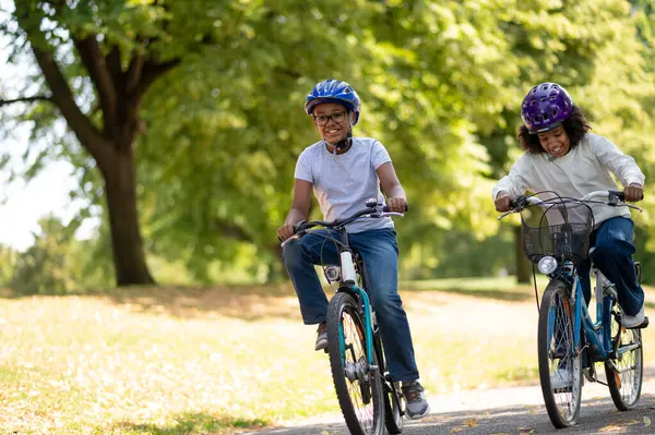 Passeie Parque Bonito Crianças Afro Americanas Andando Bicicleta Parque — Fotografia de Stock