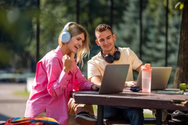Çalışıyorum. Parkta okuyan ve ilgili görünen gençler.
