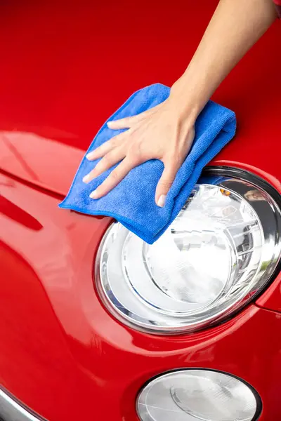 Car Cleaning Close Woman Red Shirt Cleaning Car — Stock Photo, Image