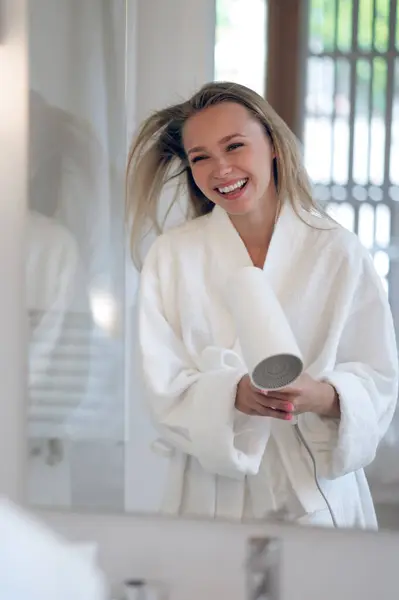 Woman Hair Dryer Joyful Woman White Robe Hair Dryer Feeling — Stock Photo, Image