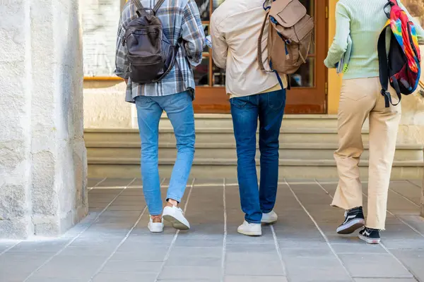 Üniversite Kampüsünde Sırt Çantalı Bir Grup Öğrenci Birlikte Yürüyor — Stok fotoğraf