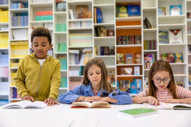 Çok ırklı bir grup çocuk ilkokul kütüphanesinde okuyor..