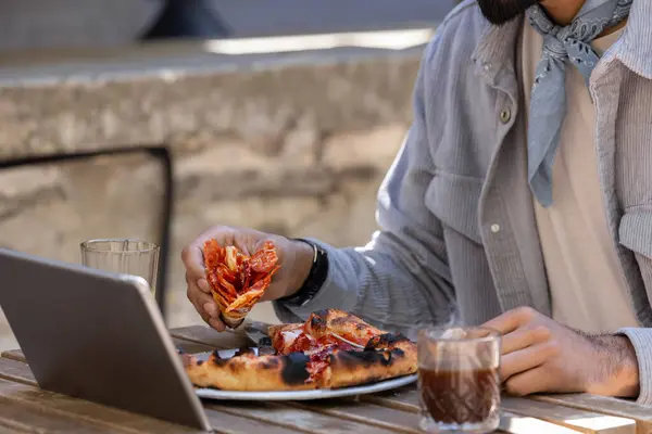 Pizza Time Man Cafe Eating Pizza Pizzeria — Stock Photo, Image