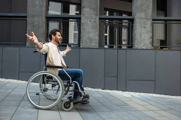 Disability Dark Haired Young Caucasian Man Riding Wheelchair — Stock Photo, Image