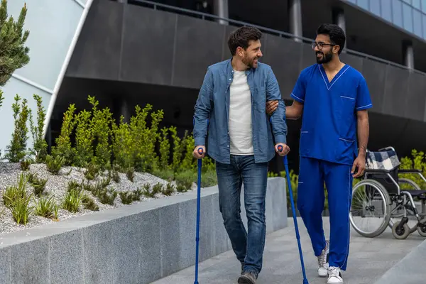 Walking Together Man Sticks Walking Male Nurse — Stock Photo, Image