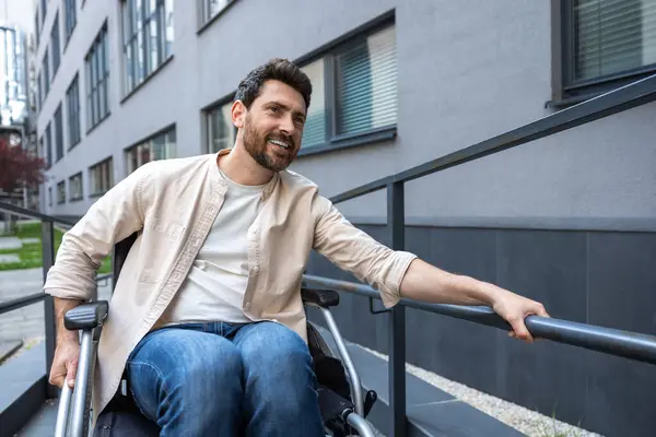 Good Mood Disabled Man Wheelchair Looking Positive Smiling — Stock Photo, Image