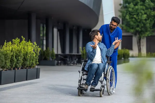 Good Mood Smiling Confident Man Wheelchair Having Walk Male Nurse — Stock Photo, Image