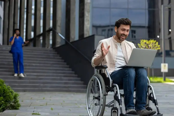 Working Disabled Man Sitting Wheelchair Working Laptop — Stock Photo, Image