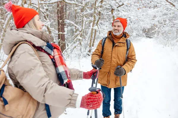Good time. A mature couple spending good time together in a winter forest