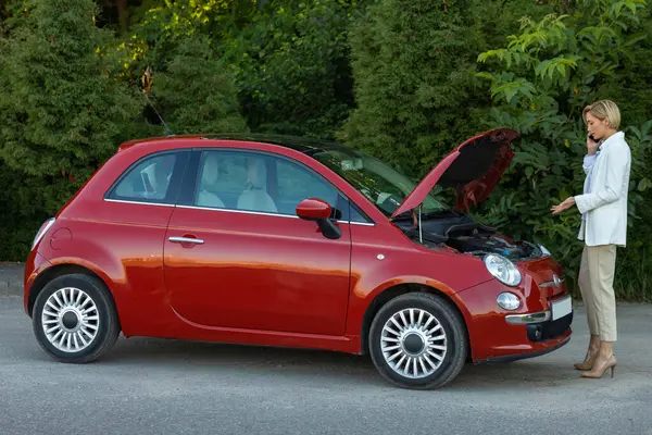 Telefonla konuşan bir kadın yolda bozuk arabasının yanında yardım istiyor. Arka planda yeşil orman var.