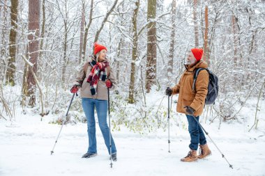Boş zaman ve aktif dinlenme. Kış ormanında yürüyüş yapan ve mutlu görünen bir çift.