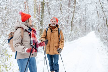 Boş zaman ve aktif dinlenme. Kış ormanında yürüyüş yapan ve mutlu görünen bir çift.