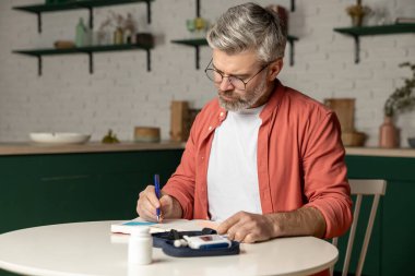 Sağlıksız diyabetik adam kan seviyesini glukometreyle ölçüyor ve not defterindeki göstergelerle not alıyor.