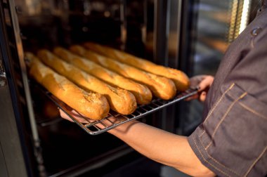 Üniformalı genç bir fırıncının portresi fırında taze ekmek pişiriyor.