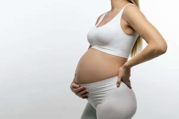 Lower Back Pain Pregnant Woman White Top Leggings Suffering Lower — Stock Photo, Image