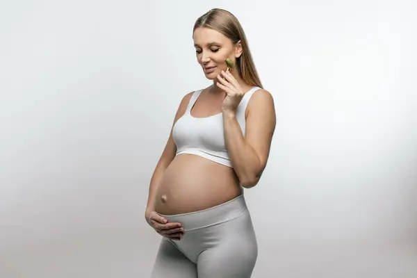 Face Massage Cute Pregnant Young Woman Massaging Her Face Roller — Stock Photo, Image