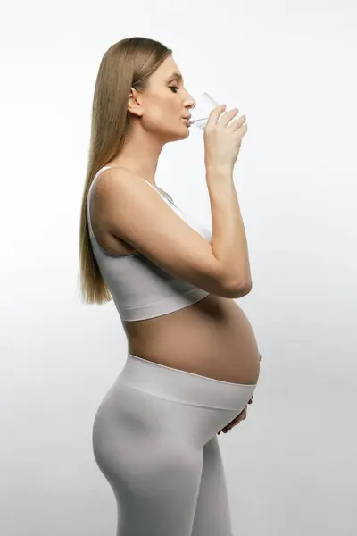 Water Balance Blonde Pregnant Woman Drinking Water Glass — Stock Photo, Image