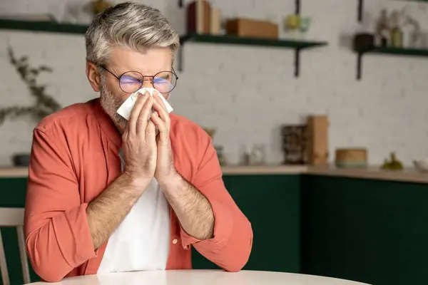 Unhealthy Man Sneezing Handkerchief Suffering Cold Flu Posing Home Interior — Stock Photo, Image