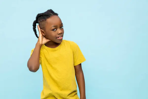 Serious Curious Dark Skinned Little Boy Hearing Something Isolated Blue — Stock Photo, Image