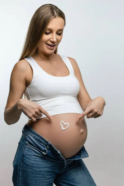 Stretch Cream Pregnant Woman Putting Cream Her Belly Looking Enjoyed — Stock Photo, Image