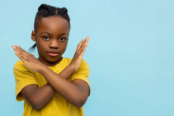 Way Serious Dark Skinned Little Boy Crossed Hands Isolated Blue — Stock Photo, Image