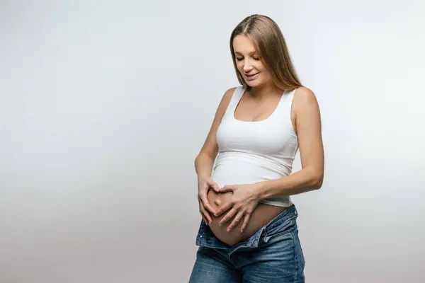 Pregnancy Fair Haired Young Pregnant Woman Holding Her Big Belly — Stock Photo, Image