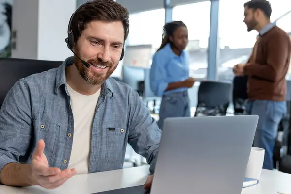 Professional Call Center Operator Man Headset Working Laptop Coworking Space Stock Photo