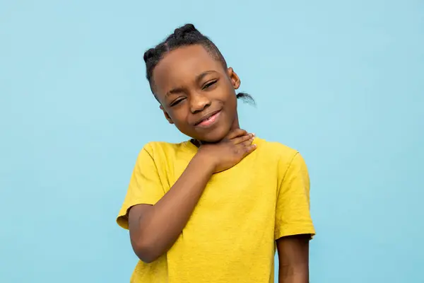 Sick African American Little Boy Suffering Sore Throat Isolated Blue — Stock Photo, Image