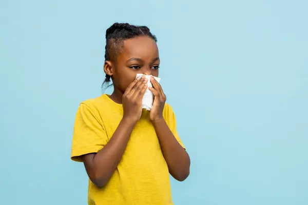 Unhealthy African American Little Boy Suffering Flu Symptoms Isolated Blue Stock Image