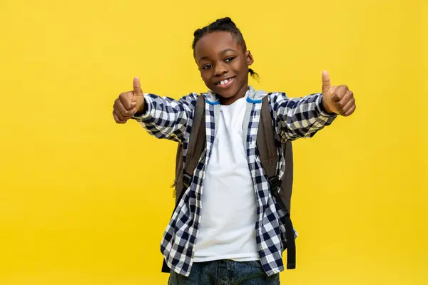 Öğrenci Çocuk Sevimli Afro Amerikan Okul Çocuğu Damalı Tişörtle Mutlu - Stok İmaj