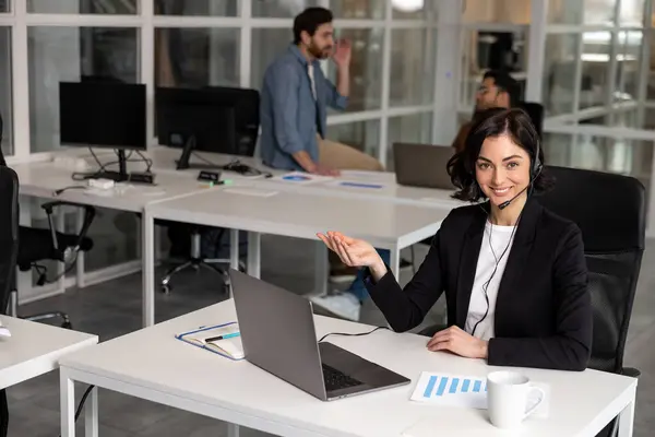 Happy Smiling Female Customer Support Phone Operator Workplace Office Stock Photo