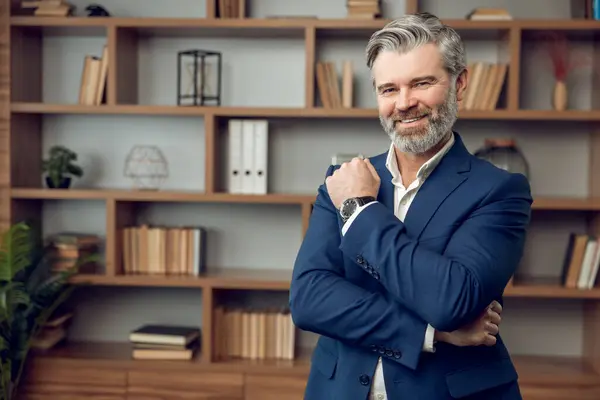 Friendly Middle Aged Man Psychotherapist Wearing Formal Wear Posing Smiling Stock Picture