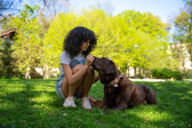 Köpekle oynuyordum. Kıvırcık saçlı genç kadın parkta köpeğiyle oynuyor.