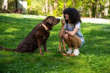 Parkta. Parkta köpeği olan zayıf, beyaz bir kadın.