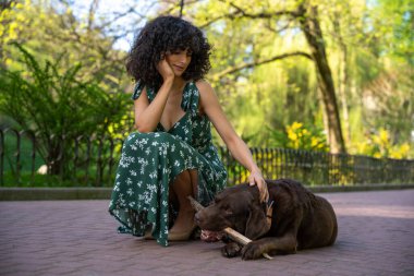 Parkta bir köpekle yürü. Şirin kıvırcık saçlı genç bir kadın. Hayalperest görünüyor. Parkta köpekle yürüyor.