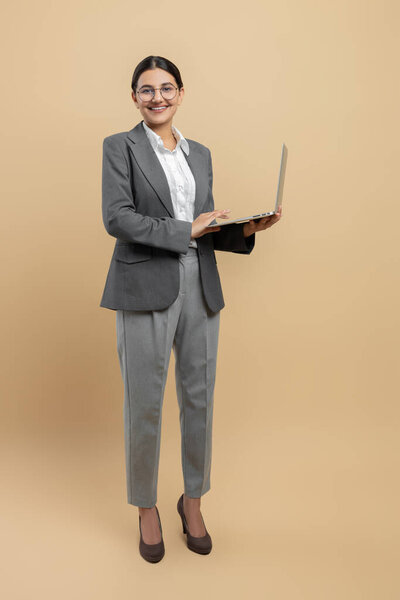 Attractive Happy Woman Formal Wear Using Laptop Remote Work Isolated Stock Image
