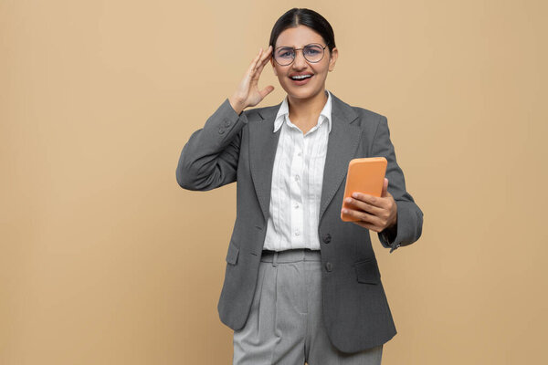 Beautiful Indian Woman Official Style Jacket Using Cell Phone Online Royalty Free Stock Photos