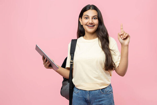 Happy Young Student Girl Backpack Digital Tablet Having Idea Indicating Stock Photo