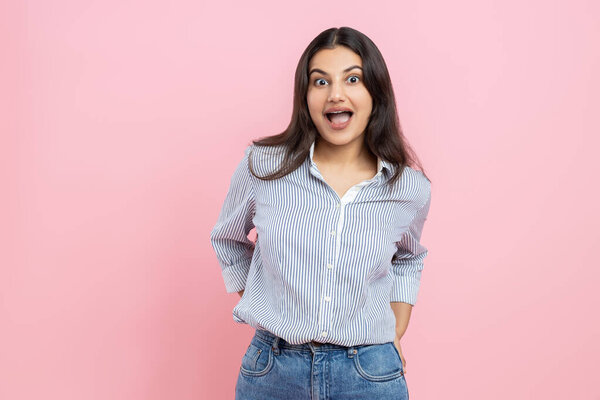 Excited Emotional Indian Woman Wearing Casual Shirt Isolated Pink Background Stock Image