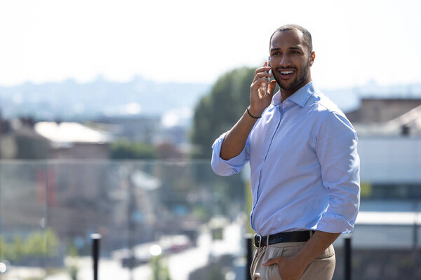 Bearded Man Wearing Formal Wear Talking Smartphone While Walking City Royalty Free Stock Images