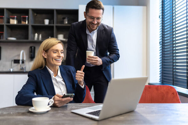 Team Professional Coworkers Working Laptop Office Discussing New Ideas Stock Picture